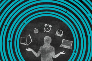 An chalkboard illustration of a person juggling a book, a clock, an apple, an email message and a laptop.