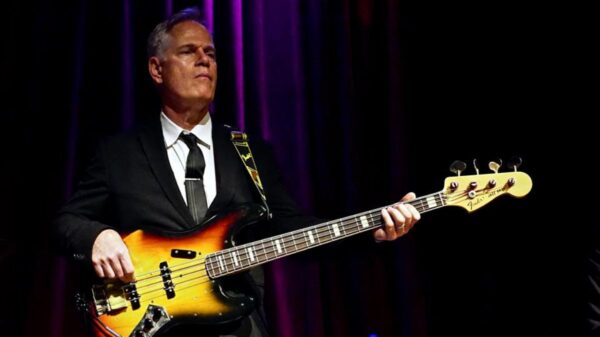 a man in a suit playing the bass.