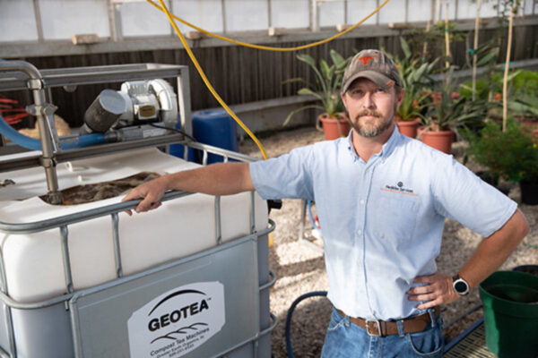 Justin Hayes, the Landscape Supervisor for the Dell Medical School Campus, creates a batch of the liquid plant compost UTea at UT-Austin’s Facilities Complex on Tuesday, Oct. 23, 2019. Landscape Services created their own composting operation, as an alternative to synthetic pesticides and fertilizers, to meet the U.S. Green Building Council’s SITE certificate criteria at the Dell Medical School Campus.