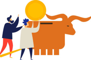 illustration of a longhorn shaped piggy bank with two characters putting a coin in it.