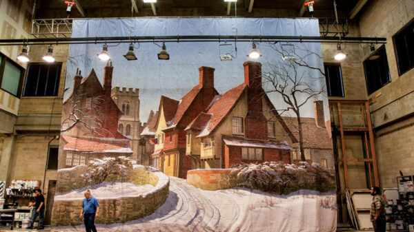 image of a decorated backdrop of a couple houses.