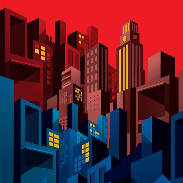 illustration of red and blue buildings