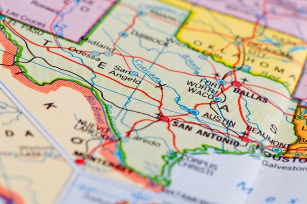 Close-up of Texas on a roadmap