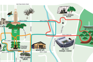 A stylized map of the University of Texas at Austin campus showing possible walking routes.