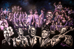 A mural depicting musicians from the Motown era.