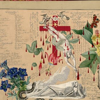 A page from a book that is decorated with flowers, leaves, a skeleton, a Greek statue, and drops of red ink, as well as handwriting.