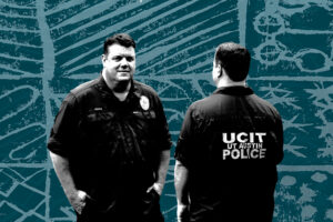 Artistically edited picture of two UT Police officers talking with each other