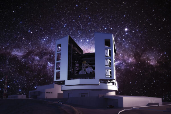 Rendering of outside of telescope with stars in sky behind it
