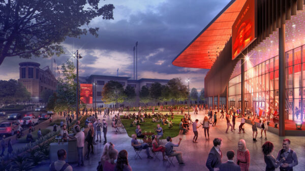 Rendering of busy plaza in front of the Moody Center