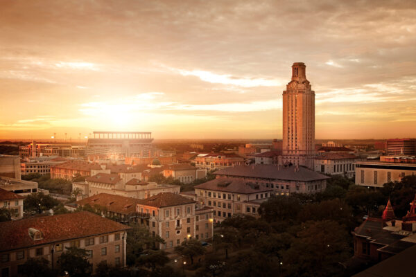 Aerial view of UT Austin Tower at sunrise