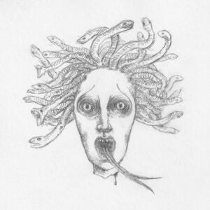 Pencil sketch of Medusa with a forked tongue out of her mouth