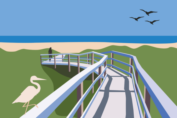 Illustration of a boardwalk to a beach