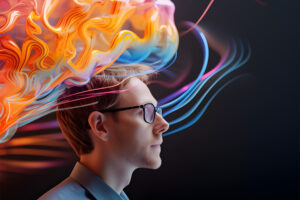 Rendering of a man with brain-shaped colorful abstract lines around his head