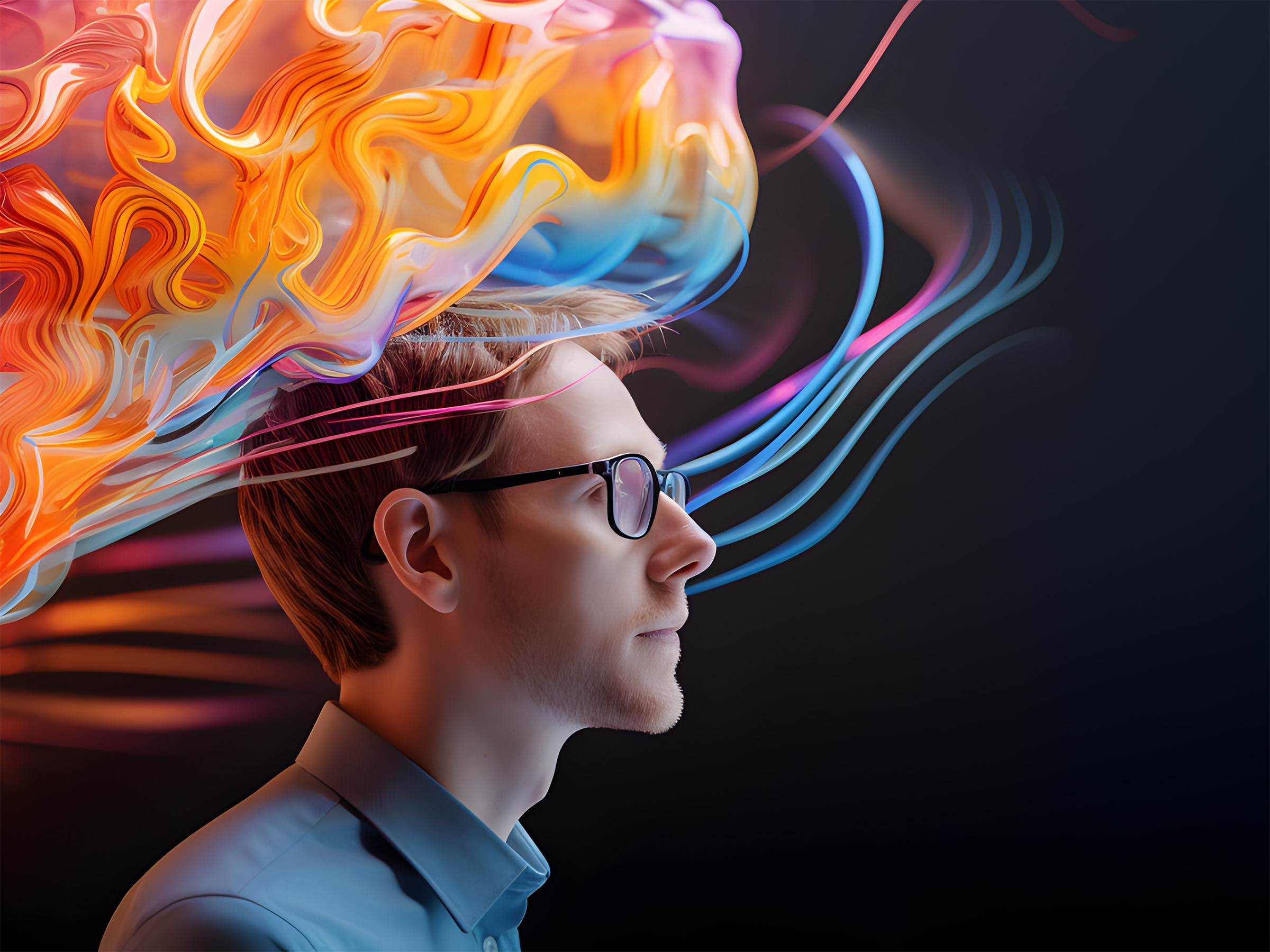 Rendering of a man with brain-shaped colorful abstract lines around his head